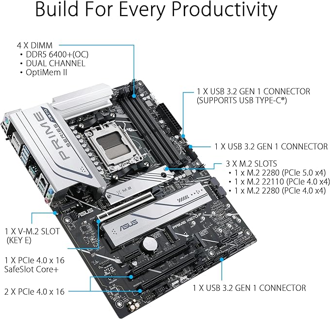 ASUS Prime X670-P Socket AM5 (LGA 1718) Ryzen 7000 ATX Motherboard(DDR5, 3xM.2 Slots, USB 3.2 Gen 2x2 Type-C®, USB4® Header, and 2.5Gb Ethernet) ASUS Prime X670-P Socket AM5 (LGA 1718) Ryzen 7000 ATX Motherboard(DDR5, 3xM.2 Slots, USB 3.2 Gen 2x2 Type-C®, USB4® Header, and 2.5Gb Ethernet)